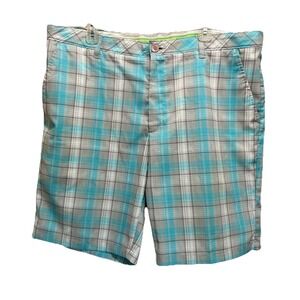 Shark‎ Greg Norman Teal/White Plaid Chino Shorts Size 40 Zip Pockets Mid Rise